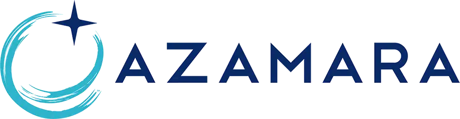 A light blue crescent with a dark blue star inside, next to the dark blue text "AZAMARA".