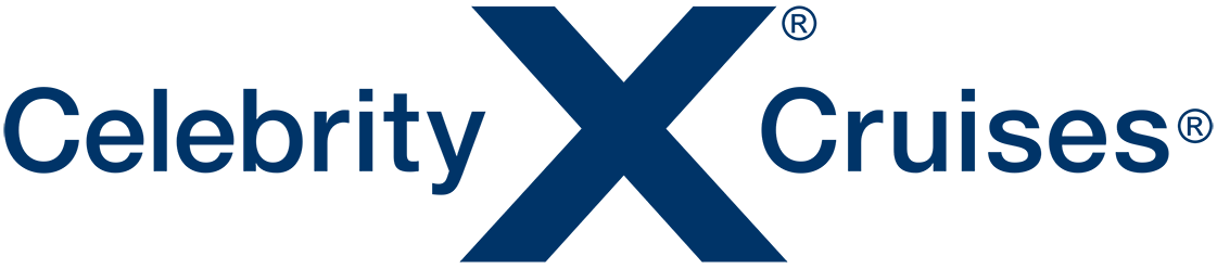 Blue text on a black background reads "Celebrity X Cruises" with a registered trademark symbol.