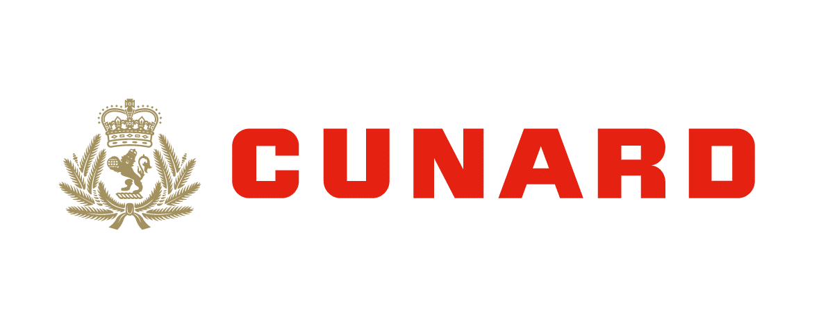A gold crest with a crown, lion, and laurel wreath is to the left of the red text "CUNARD".